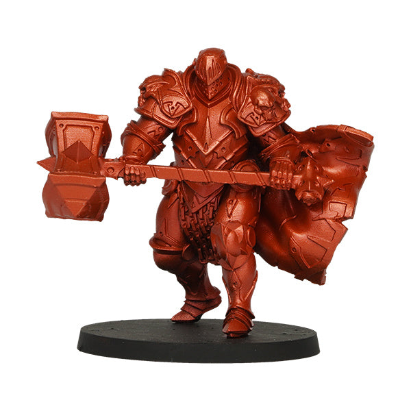 Vallejo True Metallic Metal Airbrush: Forged Red (18ml) - Metallic red-painted armored warrior miniature holding a large war hammer, standing on a round black base.
