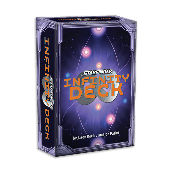 Starfinder Infinity Deck Cardgame - Compact rectangular card game box with dark purple cosmic background, orange and white "Starfinder Infinity Deck" title, and