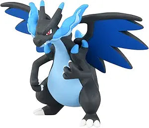 Takaratomy Pokemon Figure Collection - Mega Charizard - Black and blue Mega Charizard figure with spread wings and fierce red eyes, detailed claws and tail.