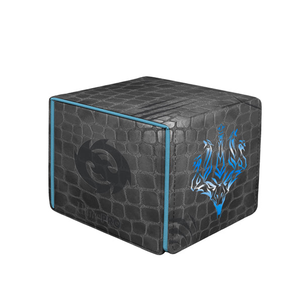Alcove Edge Deckbox - Tarkir Dragonstorm - Ugin, Eye of the Storms - 100+ - Black textured rectangular deckbox with blue accents, featuring a stylized blue dragon emblem and a dark circular symbol on.