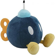 Super Mario All Star Collection - Bob-omb Plush, 5" - Plush Bob-omb character with navy blue round body, white oval eyes, yellow feet, light blue fuse top, and orange wind-up key.