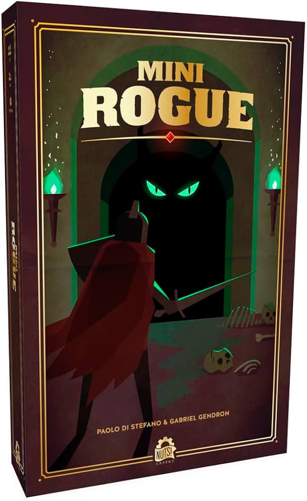 Mini Rogue - Dark-themed game box with a cloaked figure holding a sword facing a shadowy, glowing-eyed creature in a dungeon setting.