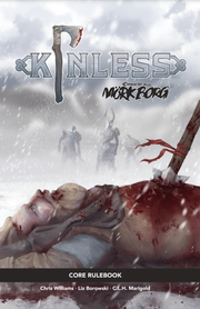 Mork Borg: Kinless - Dark fantasy book cover with a bloodied, headless body lying in snow, large knife forming letter K in "Kinless" title,.