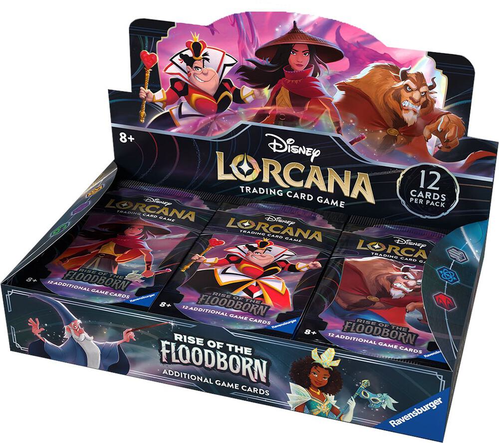 Lorcana Trading Card Game: Rise of the Floodborn Booster Box - Open display box of colorful Lorcana Trading Card Game booster packs featuring fantasy characters and vibrant artwork.