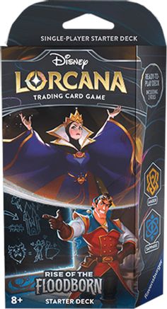 Lorcana Trading Card Game: Floodborn Starter Deck - Sapphire & Amber - Lorcana Floodborn Starter Deck box featuring animated characters in purple and red outfits on dark blue background with gold