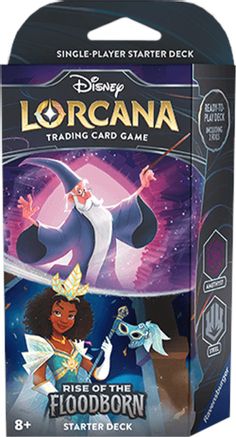 Lorcana Trading Card Game: Floodborn Starter Deck - Amethyst and Steel - Disney Lorcana Floodborn starter deck box featuring vibrant purple and blue tones, fantasy characters, and silver foil.