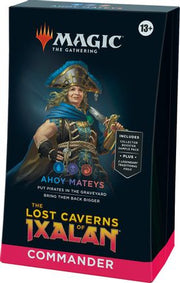 Magic: The Gathering: The Lost Caverns of Ixalan Commander Deck - Ahoy Mateys - The Gathering Commander deck box featuring a pirate-themed character in blue and gold armor, with bold black and red color.