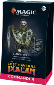 Magic: The Gathering: The Lost Caverns of Ixalan Commander Deck - Blood Rites - The Gathering Commander Deck box featuring a dark background with a mystical figure wrapped in glowing golden chains,.