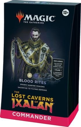 Magic: The Gathering: The Lost Caverns of Ixalan Commander Deck - Blood Rites - The Gathering Commander Deck box featuring a dark background with a mystical figure wrapped in glowing golden chains,.
