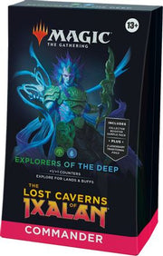 Magic: The Gathering: The Lost Caverns of Ixalan Commander Deck - Explorers of the Deep - The Gathering Commander Deck box with dark blue and black background, featuring green and blue fantasy sea creature art,.
