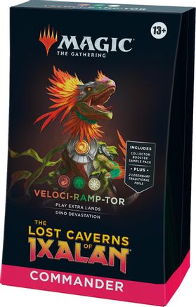 Magic: The Gathering: The Lost Caverns of Ixalan Commander Deck - Veloci-Ramp-Tor - The Gathering Commander Deck box featuring colorful dinosaur warrior artwork on a dark background with red accents and bold.