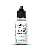 Vallejo Varnish: Permanent Gloss Varnish (18ml) - Small clear plastic bottle with black flip cap, labeled Vallejo Gloss Varnish 18ml, white and teal text on label.