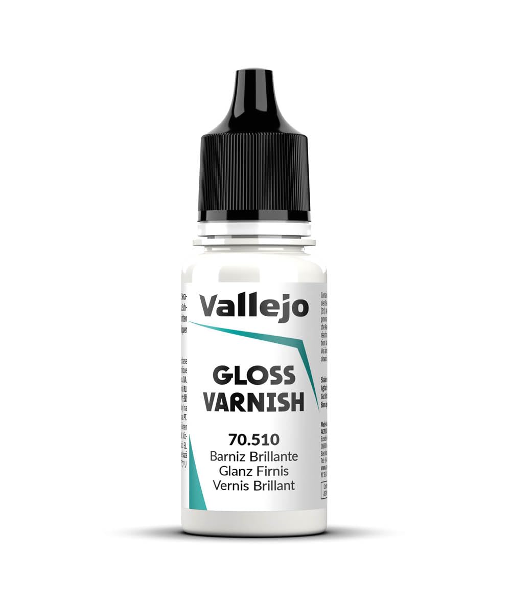 Vallejo Varnish: Permanent Gloss Varnish (18ml) - Small clear plastic bottle with black flip cap, labeled Vallejo Gloss Varnish 18ml, white and teal text on label.