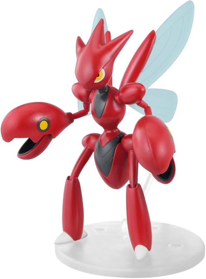 Pokémon Model Kit - Scizor (PREORDER) - Red and black articulated Scizor model kit with light blue wings on a clear round base.