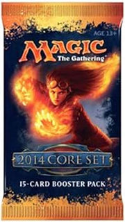 Magic: The Gathering - Magic Core Set 2014 Booster Pack - The Gathering 2014 Core Set booster pack with fiery orange and dark blue design featuring a mage casting fire, sealed foil.