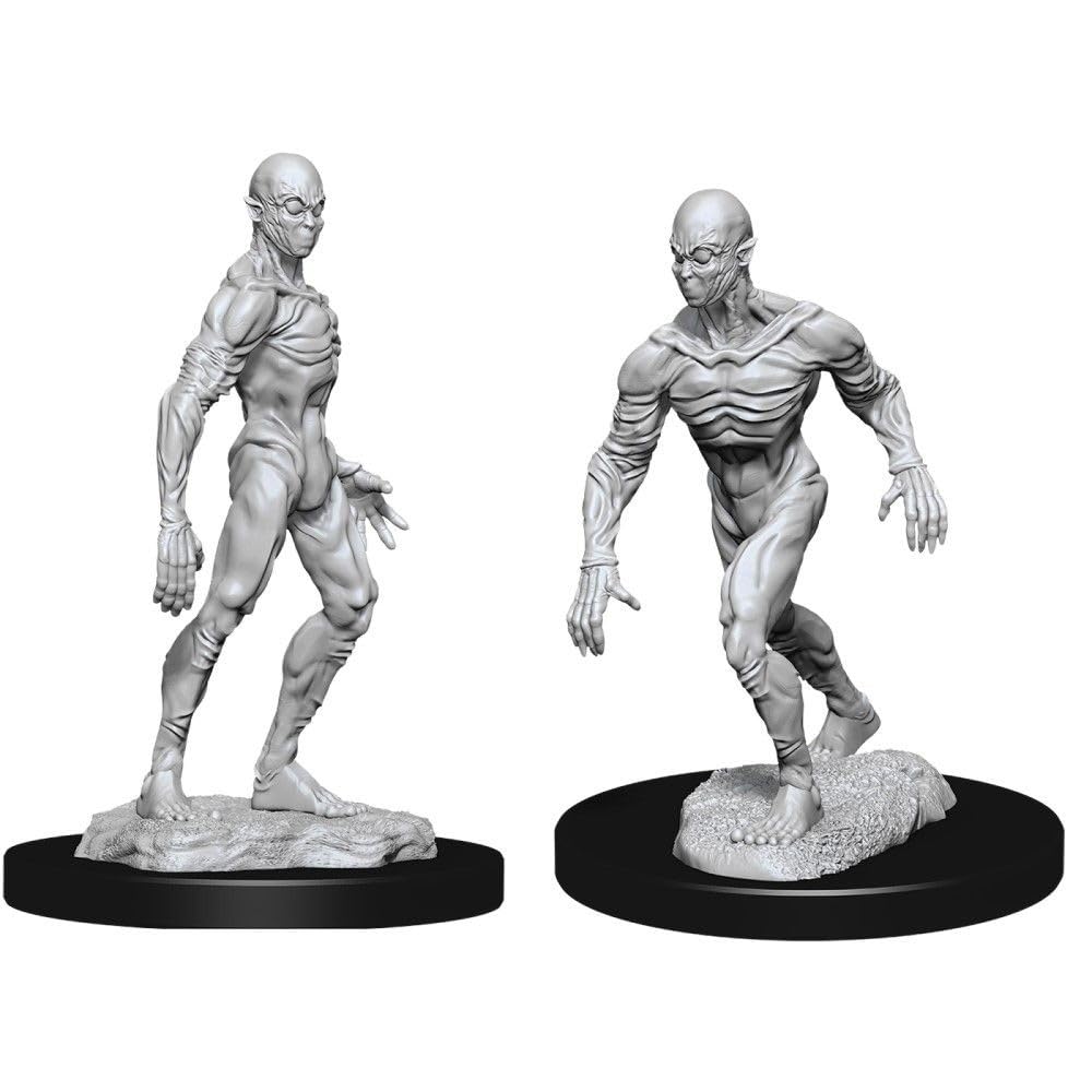 D&D Nolzur's Marvelous Miniatures: Doppelganger - Gray plastic miniature of a muscular humanoid figure with sharp claws and textured skin on a round black base.
