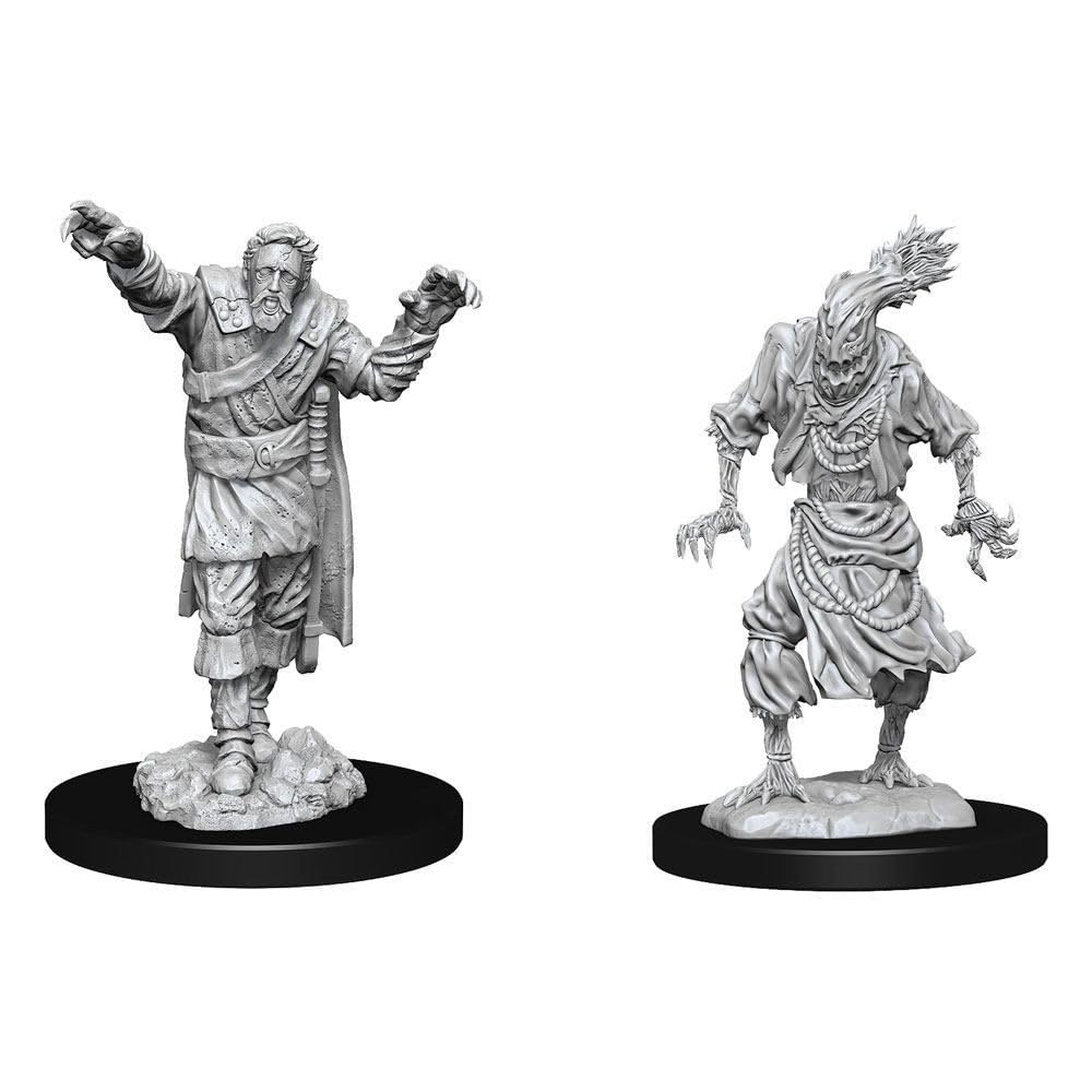 D&D Nolzur's Marvelous Minis: Scarecrow & Stone Cursed - Two detailed gray resin fantasy miniatures, one a robed scarecrow with stitched face and outstretched arms, the other a.
