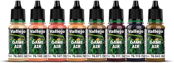 Vallejo Game Air: Fantasy Color Set - Face Painting (PREORDER) - Set of 10 small plastic dropper bottles with green labels showing Vallejo Game Air branding, containing various shades of.