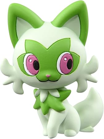 Takaratomy Pokemon Figure Collection - Sprigatito - Small green and white Sprigatito Pokemon figure with large pink eyes and pointed ears.