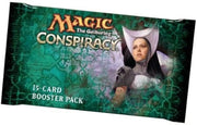 Magic: The Gathering - Conspiracy Booster Pack - The Gathering Conspiracy booster pack with green and black textured background, featuring a character in white headgear and.
