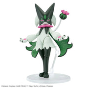 Pokémon Model Kit - Meowscarada (PREORDER) - Green and white Meowscarada Pokémon model kit with pink flower details on clear stand.