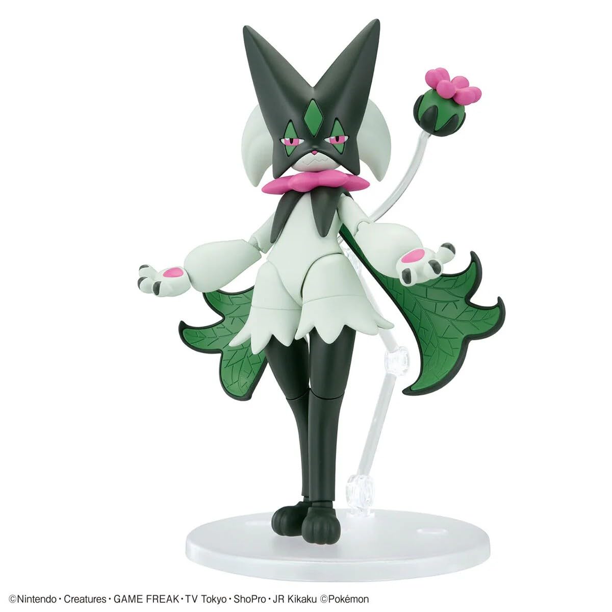 Pokémon Model Kit - Meowscarada (PREORDER) - Green and white Meowscarada Pokémon model kit with pink flower details on clear stand.