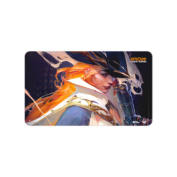 Playmat: Riftbound Origins - Miss Fortune - Rectangular gaming playmat featuring vibrant artwork of a red-haired female warrior with a hat, golden armor, and dragon.
