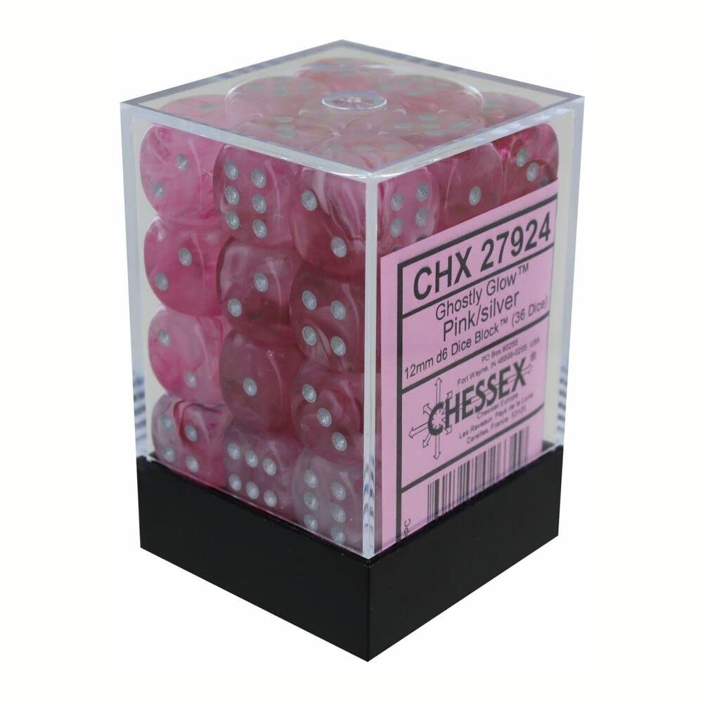 Chessex d6 Cube 12mm Ghostly Glow Pink with Silver (36) - Set of thirty-six translucent pink 12mm six-sided dice with silver pips in clear plastic case.