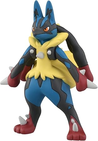 Takaratomy Pokemon Figure Collection - Mega Lucario - Blue and black Mega Lucario figure with yellow chest fur, red paws, and long black appendages.