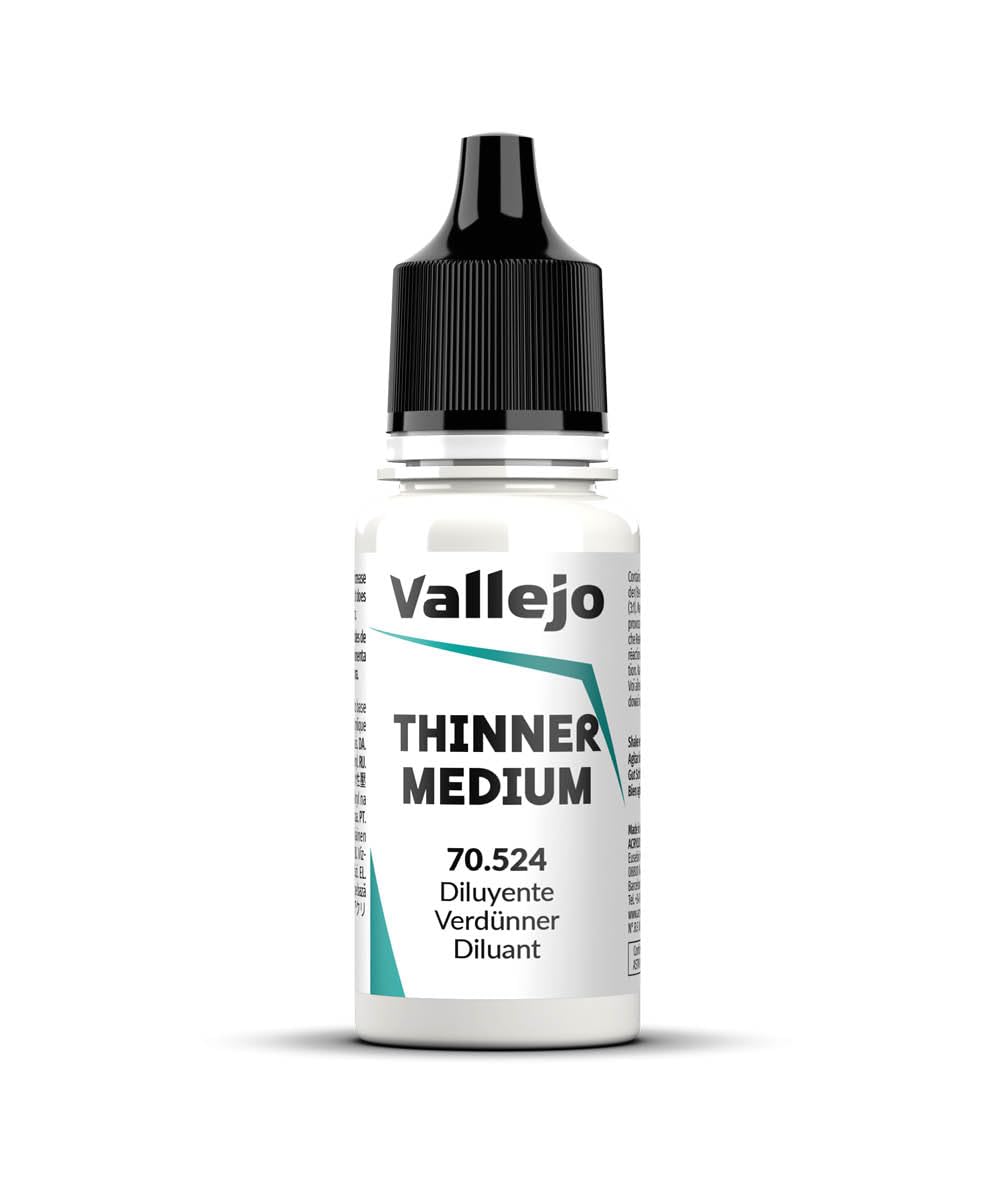 Vallejo Thinner: Model Color Thinner (18 ml) - Clear plastic bottle of Vallejo Medium Thinner with black twist cap and white label with teal accents.