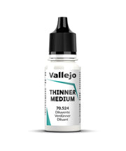 Vallejo Thinner: Model Color Thinner (18 ml) - Clear plastic bottle of Vallejo Medium Thinner with black twist cap and white label with teal accents.