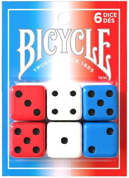 Dice: Bicycle: Sparkler - Set of six standard six-sided dice in red, white, and blue with black pips, packaged on a Bicycle Sparkler card.
