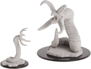 D&D Nolzur's Marvelous Miniatures: Grick & Grick Alpha - Two unpainted gray resin miniature figures of Grick creatures, one larger with three clawed tentacles and a segmented.