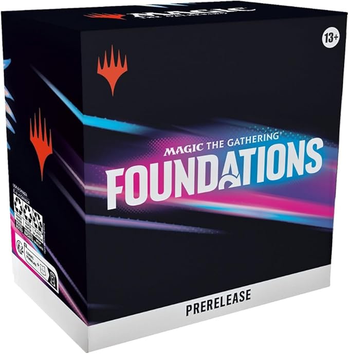 Magic the Gathering: Foundations Prerelease Kit - Black rectangular box with Magic the Gathering logo, bold white and blue "Foundations" text, and "Prerelease" label at.