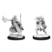 D&D Nolzur's Marvelous Miniatures: Winter Eladrin & Spring Eladrin - Two unpainted fantasy miniatures on black bases, one wielding a sword with flowing hair and cloak, the other in a dynamic.