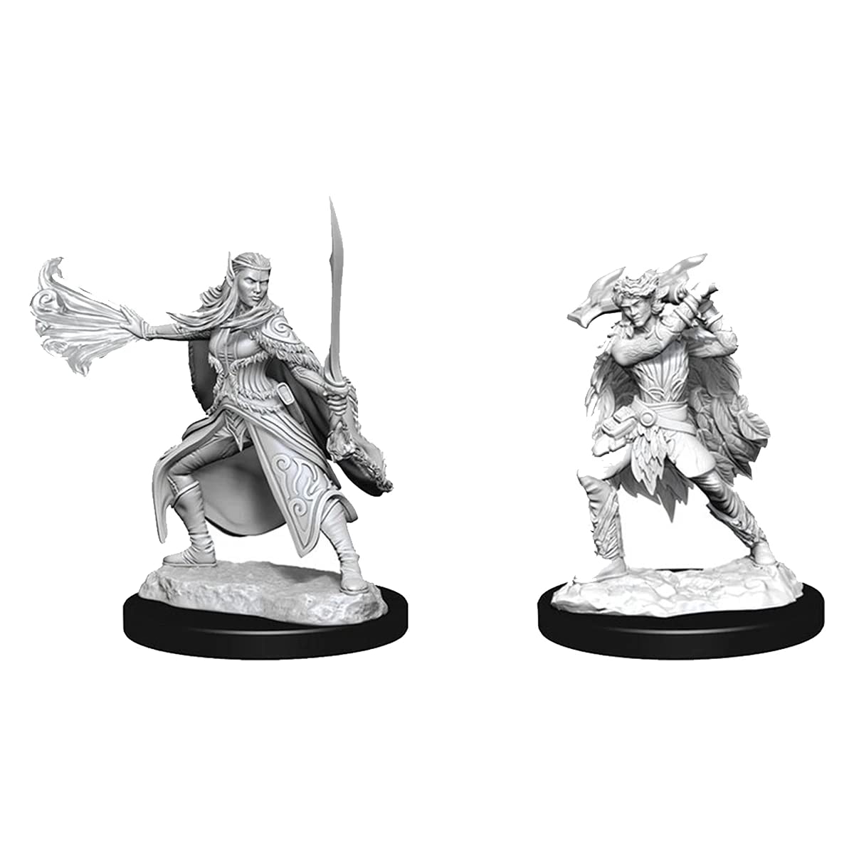 D&D Nolzur's Marvelous Miniatures: Winter Eladrin & Spring Eladrin - Two unpainted fantasy miniatures on black bases, one wielding a sword with flowing hair and cloak, the other in a dynamic.