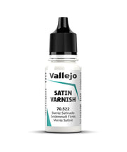 Vallejo Permanent Satin Varnish (18ml) - Clear plastic 18ml bottle with black twist cap, Vallejo Satin Varnish label in white and teal colors.