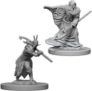 D&D Nolzur's Marvelous Miniatures: Elf Male Druid - One an elf druid with a staff and swirling cloak, the other a horned warrior crouching with a spear.