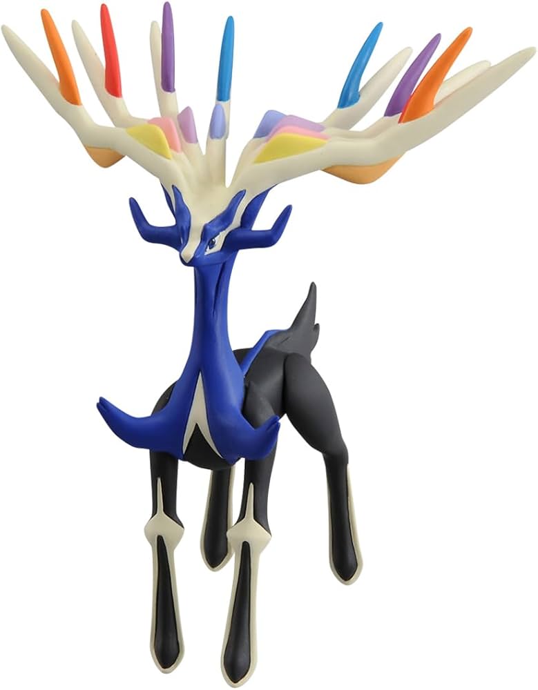 Takaratomy Pokemon Figure Collection - Xerneas - Blue and black Xerneas Pokemon figure with multicolored, branching antlers and slender legs.