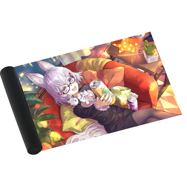 Playmat: Oshi Push - PreDebut 30ma - Gaming playmat featuring anime-style character with white hair and glasses, vibrant autumn colors, and cozy indoor setting.