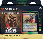Fallout: Out of the Vault Commander Deck - Scrappy Survivors - The Gathering Universes Beyond Fallout Commander Deck packaging featuring a detailed warrior character on the left and a.