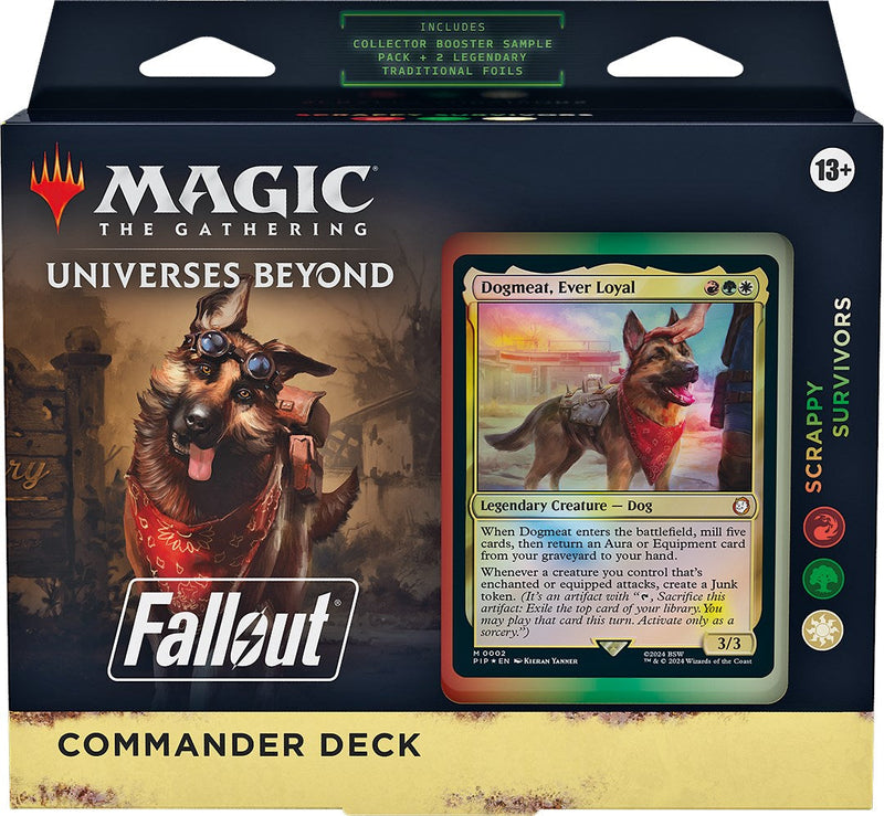 Fallout: Out of the Vault Commander Deck - Scrappy Survivors - The Gathering Universes Beyond Fallout Commander Deck packaging featuring a detailed warrior character on the left and a.