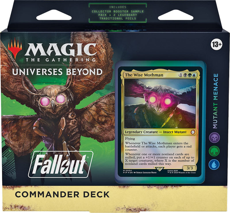 Fallout: Out of the Vault Commander Deck - Mutant Menace - The Gathering Universes Beyond Fallout Commander Deck box featuring Mutant Menace with a close-up of The Wise Mushman card.