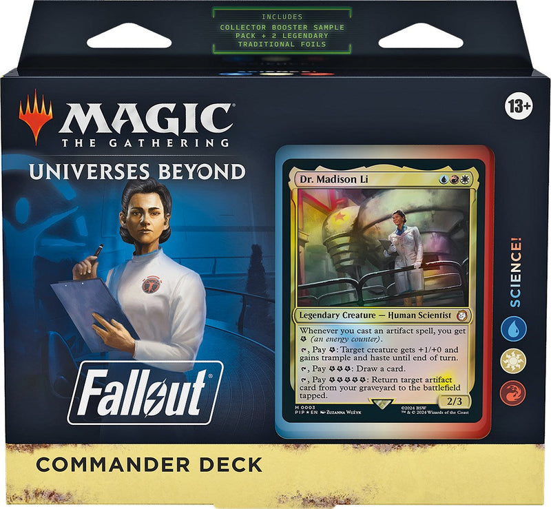 Fallout: Out of the Vault Commander Deck - Science! - The Gathering Universes Beyond Fallout Commander Deck packaging featuring a character in a white lab coat and a holographic.