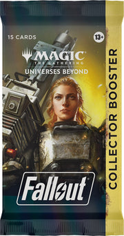 Fallout: Out of the Vault - Collector Booster Pack - The Gathering Fallout-themed collector booster pack with metallic armor-clad female character on front, gold side panel.