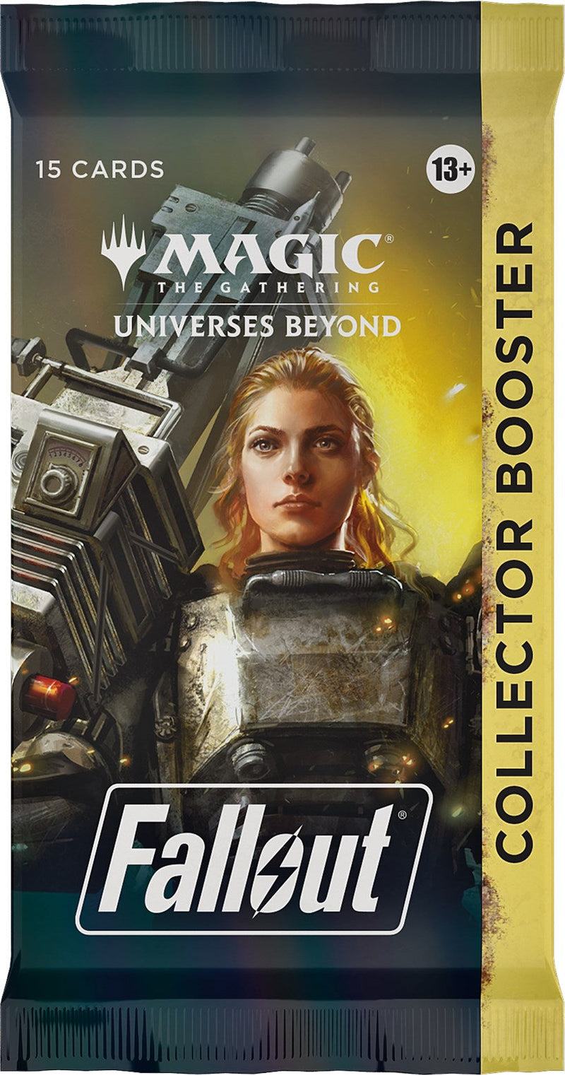 Fallout: Out of the Vault - Collector Booster Pack - The Gathering Fallout-themed collector booster pack with metallic armor-clad female character on front, gold side panel.