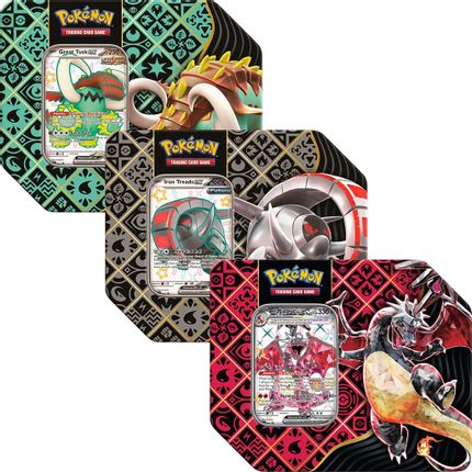 Pokemon Scarlet and Violet Paldean Fates Tin - Three rectangular Pokémon Scarlet and Violet Paldean Fates tins with intricate geometric background patterns in teal, gold,.