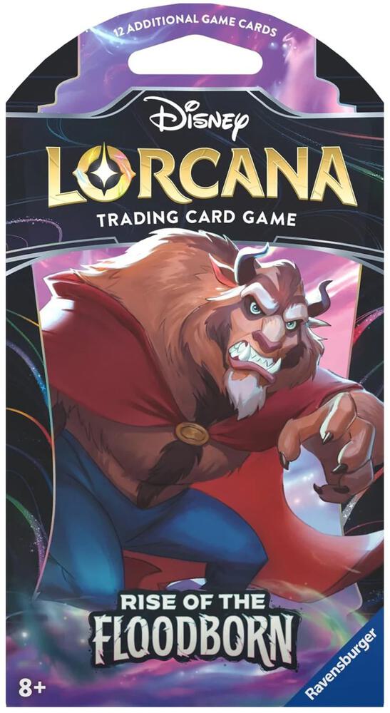 Lorcana TCG: Rise of the Floodborn Sleeved Booster - Lorcana TCG Rise of the Floodborn sleeved booster pack with Beast character art in red cloak on dark background.