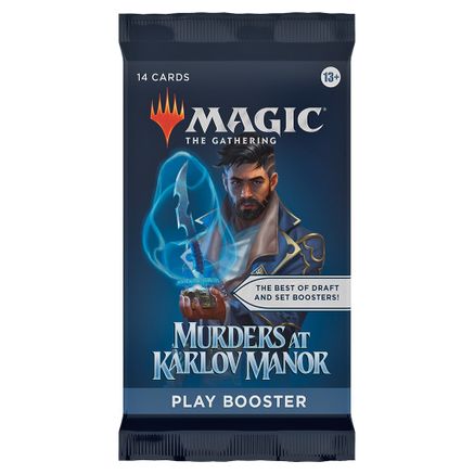 Magic: The Gathering - Murders at Karlov Manor Play Booster Pack - The Gathering play booster pack featuring a bearded man casting a blue magical spell, with bold white and orange text.