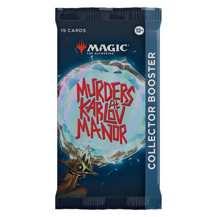 Magic: The Gathering - Murders at Karlov Manor - Collector Booster Pack - Dark blue booster pack with red "Murders at Karlov Manor" text inside a glowing circular frame, featuring a clawed hand at.